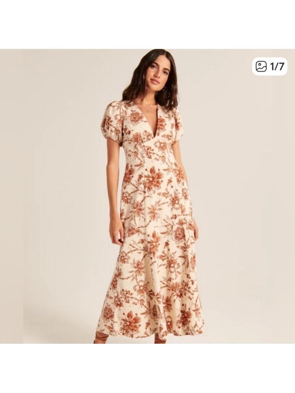 NEW ABERCROMBIE & FITCH Midi Dress Brown Floral Print Puff Sleeve Small Petite